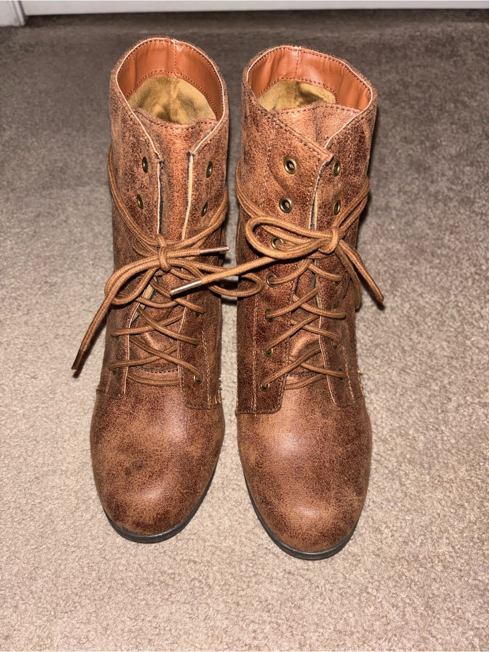 Charlotte Russe Distressed Cognac Lace-Up Ankle Boots
